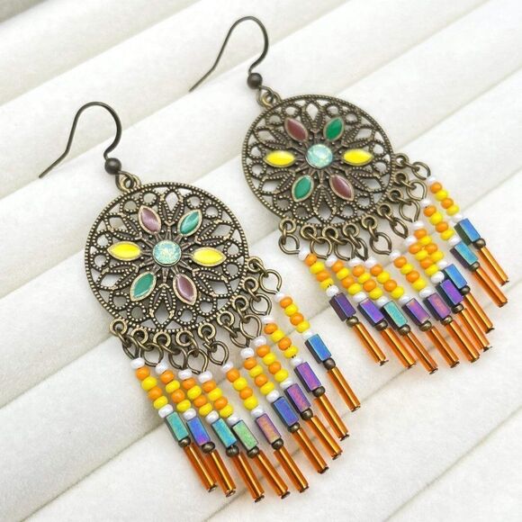 Copper with Green Opal Crystal Enamel Beaded Boho Dream Catcher Hook Earrings - Picture 6 of 9